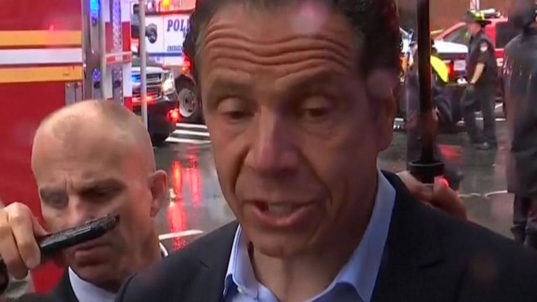 Governor of New York Andrew Cuomo speaks to gathered media about a helicopter crash in Manhattan