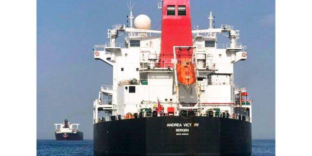 FILE: The Norwegian-flagged oil tanker MT Andrea Victory off the coast of Fujairah, United Arab Emirates. 