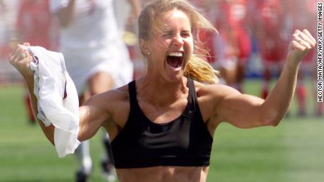 Brandi Chastain shouts after scoring the winning penalty kick in the 1999 Women&#39;s World Cup final. The victory was a pivotal moment for US women&#39;s soccer.