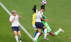 France’s Valerie Gauvin was deemed to have fouled Brazil’s goalkeeper Barbara.