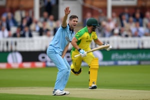Woakes appeals unsuccessfully for the wicket of Finch.