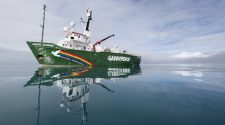 Greenpeace ship the Arctic Sunrise at  Livingston Island, Antarctica. Greenpeace is conducting submarine-based scientific research to strengthen the proposal to create the largest protected area on the planet, an Antarctic Ocean Sanctuary.