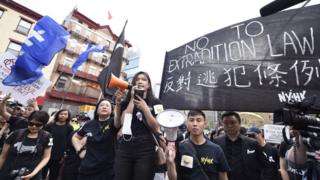 Frances Hui speaks at a New York rally in support of Hong Kong protesters