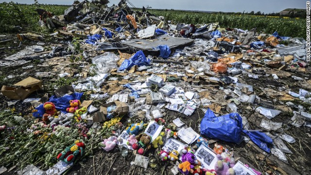 Flowers, soft toys along with pictures are left among the wreckage at the site of the crash of a Malaysia Airlines plane carrying 298 people from Amsterdam to Kuala Lumpur.