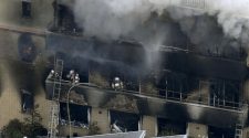 Firefighters battle the blaze started by an arsonist at a three-story studio of Kyoto Animation Co in Kyoto, western Japan, on Thursday morning (Photo: Kyodo)