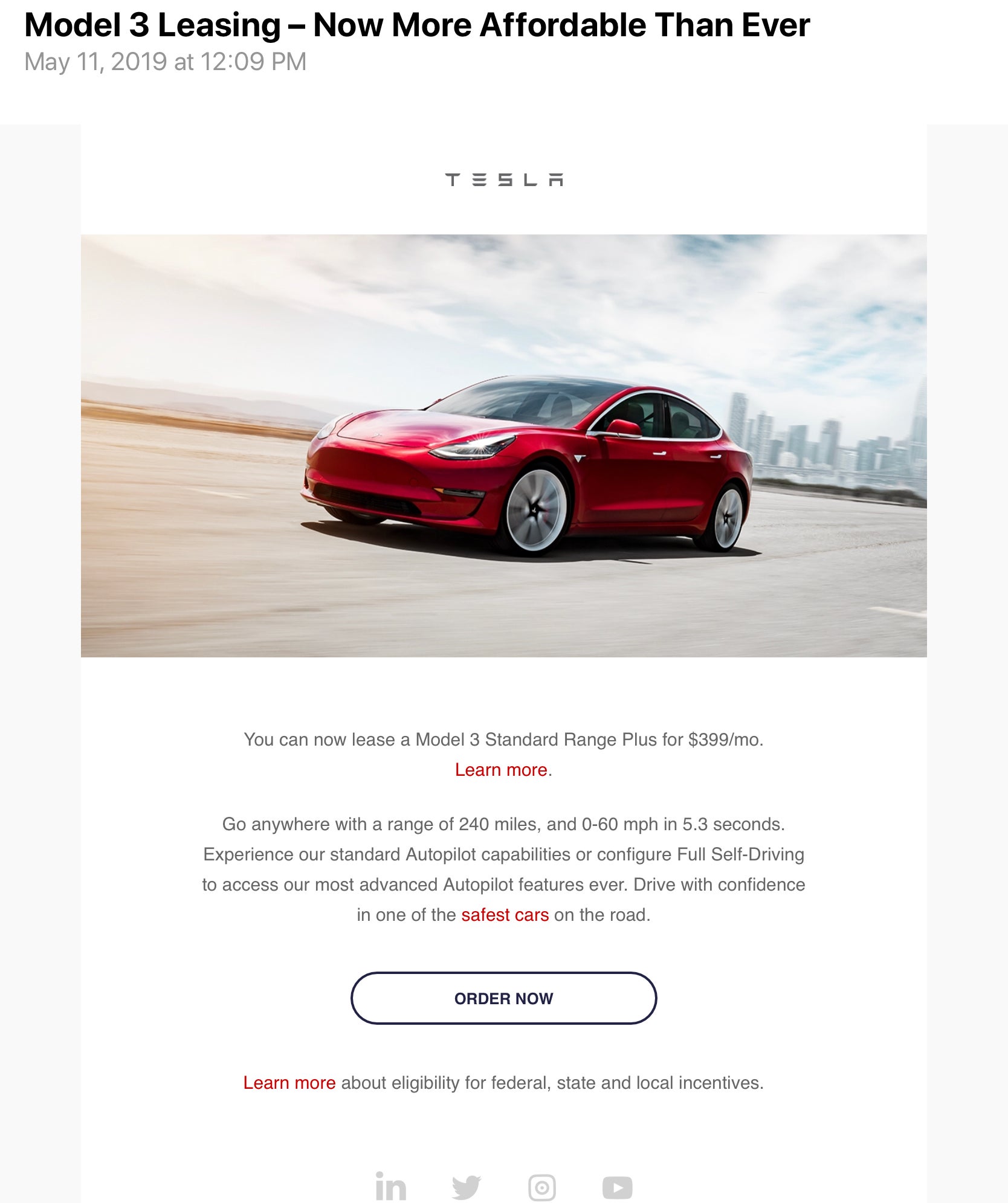 Tesla Model 3 Leasing email