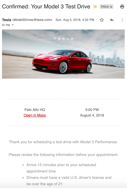 Tesla Model 3 Test Drive confirmation email -| Image Source: Loren McDonald