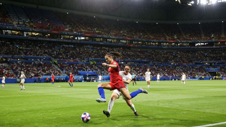 Alex Morgan of USA controls the ball during the 2019 FIFA Women&#39;s World Cup France Semi Final match between England and USA at Stade de Lyon on July 02, 2019 in Lyon, France