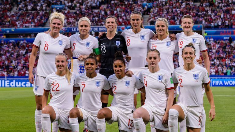 England Squad poses for team photo with Millie Bright, Steph Houghton, Carly Telford, Jill Scott, Rachel Daly, llen White, Beth Mead, Nikita Parris, Demi Stokes, Keira Walsh, Keira Walsh and Lucy Bronze during the 2019 FIFA Women&#39;s World Cup France Semi Final match between England and USA at Stade de Lyon on July 2, 2019 in Lyon, France
