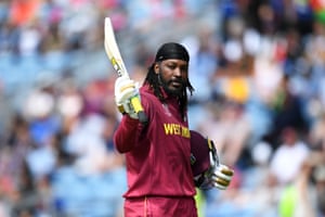 Chris Gayle of West Indies acknowledges the crowd as he leaves the field after being dismissed