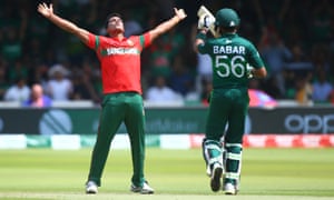 Mohammad Saifuddin of Bangladesh celebrates after taking the wicket of Babar Azam of Pakistan.