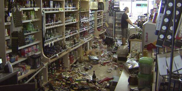 This still image taken from video shows bottles and debris on the floor of a liquor store as a result from the earthquake in Ridgecrest, Calif. The quake struck at 8:19 p.m. Friday and was centered 11 miles (18 kilometers) from Ridgecrest, the same area of the Mojave Desert where a 6.4-magnitude temblor hit just a day earlier. (AP Photo/APTN)