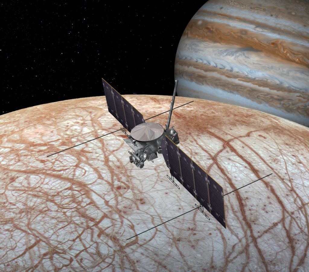 A computer-generated image of the Europa Clipper mission