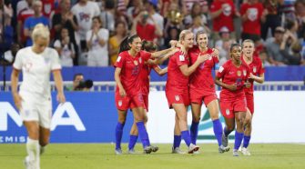 United States forward Alex Morgan (13) celebrates with teammates after scoring a goal against England in the first half of semi-final play in the FIFA Women's World Cup France 2019 soccer tournament at Stade de Lyon. Photo by Michael Chow-USA TODAY Sports