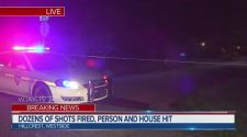 Dozens of shots fired, person and house hit