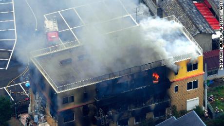 In this aerial image, fire breaks out at a studio of Kyoto Animation Co. on July 18, 2019 in Kyoto, Japan. 
