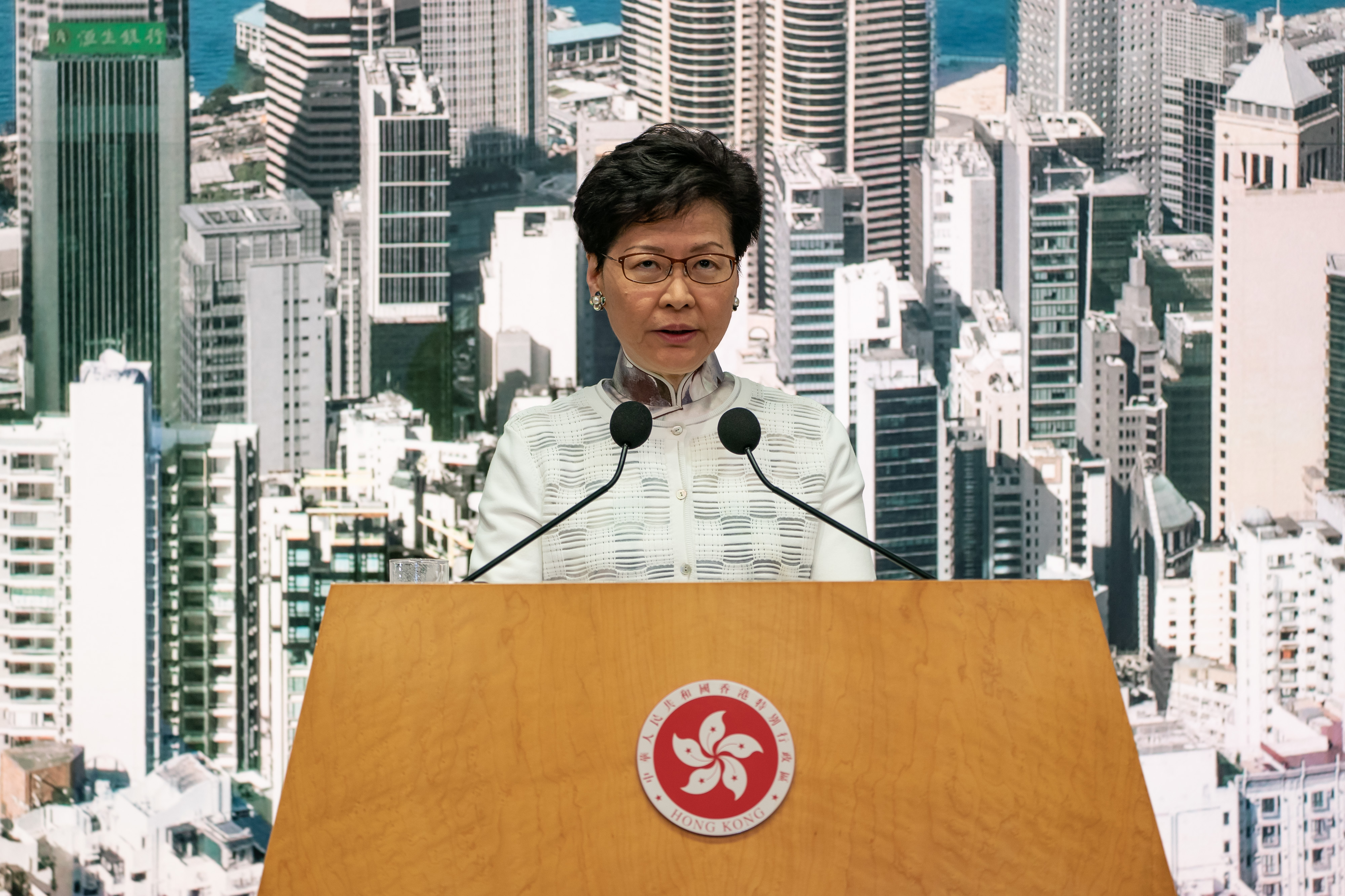Carrie Lam, Hong Kong's chief executive, announces that she will delay the controversial extradition bill in Hong Kong on June 15, 2019.