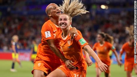Jackie Groenen celebrates scoring the winning goal for the Netherlands.