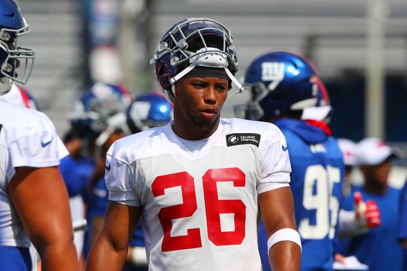 EAST RUTHERFORD, NJ - JULY 26: New York Giants running back Saquon Barkley (26) during training camp on July 26 2019 at Quest Diagnostics Training Center in East Rutherford, NJ. (Photo by Rich Graessle/Icon Sportswire via Getty Images)