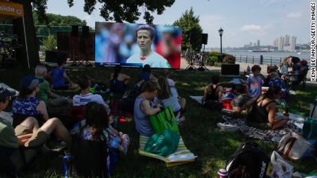 People attend a Women&#39;s World Cup final viewing party in Riverside Park on July 7, 2019 in New York City.