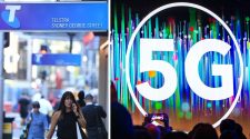 Mobile customers user their phone outside a Telstra store (left). The hype for 5G is real (right).