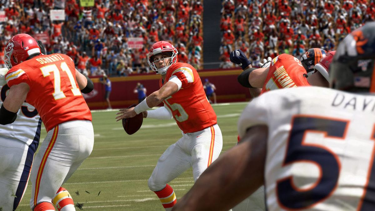 Patrick Mahomes, the Kansas City Chiefs quarterback, planting his back foot on the run and ready to unload against their hated rivals the no-good son-of-a-bitch-bastard Denver Broncos