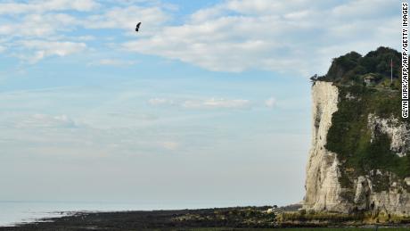 Franky Zapata on his jet-powered &quot;flyboard&quot; lands at St. Margaret&#39;s Bay in Dover.