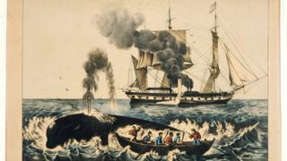 Currier & Ives lithogragh of whalers attacking a right whale