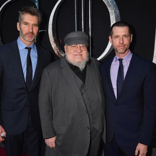 George RR Martin with David Benioff and DB Weiss. Photograph: Jeff Kravitz/FilmMagic for HBO