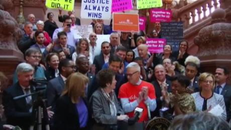 Survivors and supporters gathered at the New York State Capitol in January 2019 to celebrate the passage of the New York Child Victims Act.