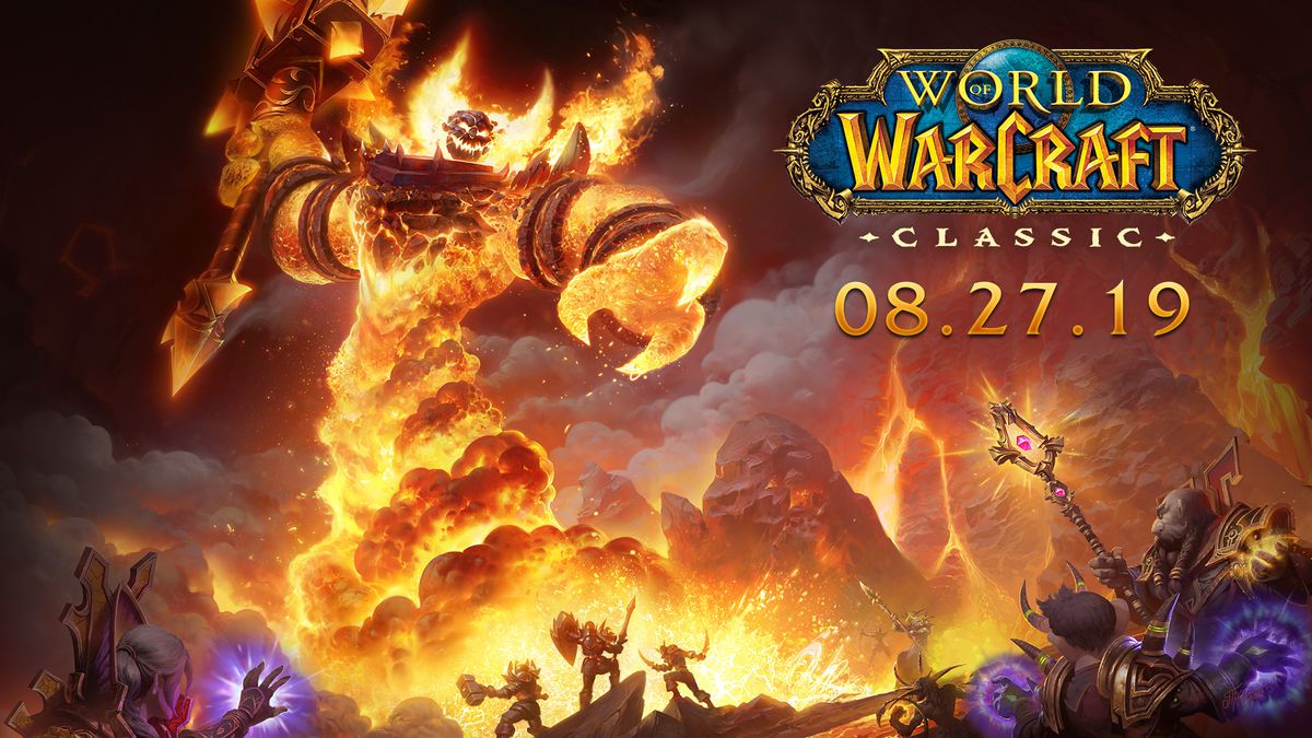 World of Warcraft - key art for the classic release. Players are depicted as battling Ragnaros in Molten Core.