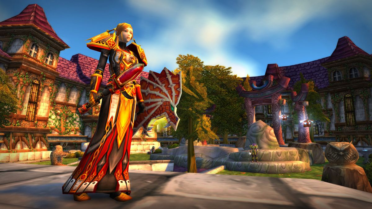 World of Warcraft - a human paladin stands in Stormwind City, wearing gear from Blackwing Lair