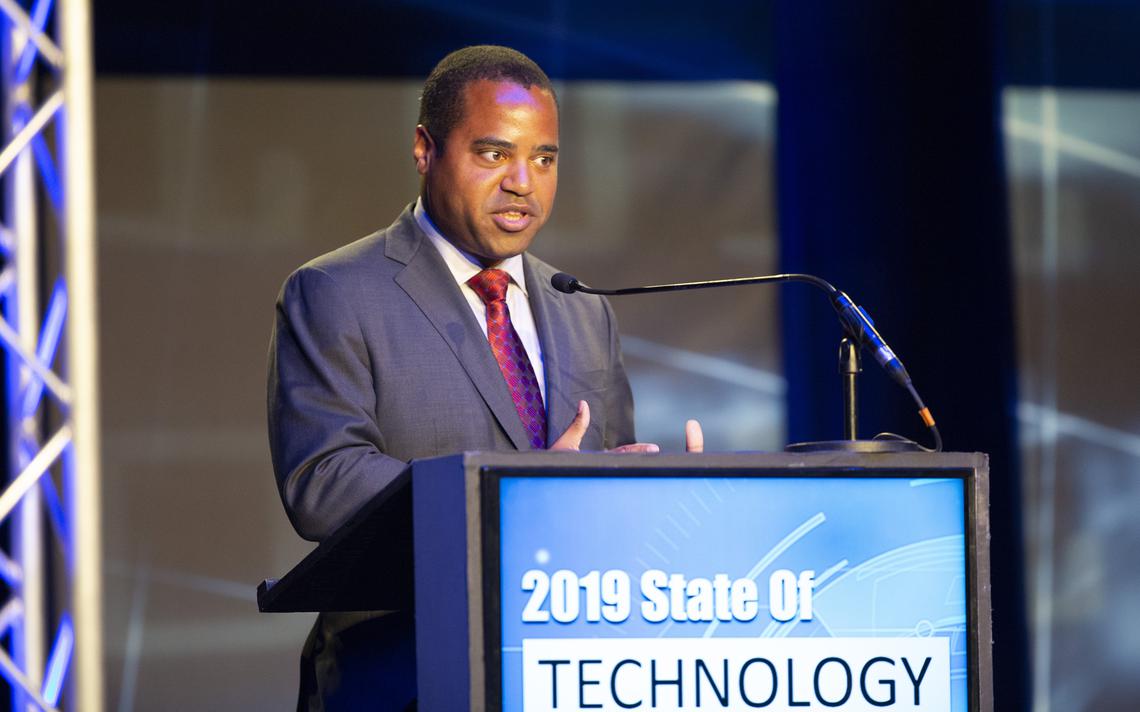 Joseph Van Valen, of the White House Office of Science and Technology, speaks at the 2019 State of Technology hosted by The Chamber on Wednesday, Aug. 14, at the Avalon Events Center, Fargo.
Michael Vosburg / Forum Photo Editor