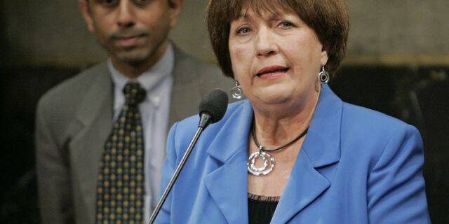 Former Louisiana Gov. Kathleen Blanco addressing a news conference as Gov. Bobby Jindal looked on, in June 2009. (AP Photo/Bill Haber, File)