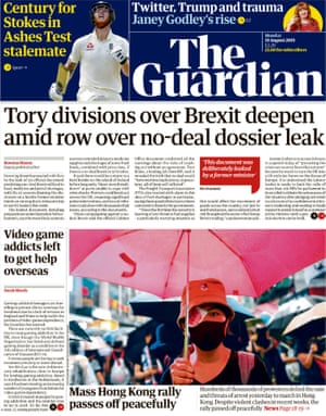 Guardian front page, Monday 19 August 2019
