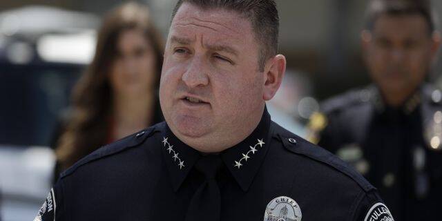 Fullerton Police Chief Bob Dunn talks about the arrest in the stabbing death of a man at the California State University, Fullerton campus, during a news conference Thursday, Aug. 22, 2019, in Fullerton, Calif. (AP Photo/Chris Carlson)