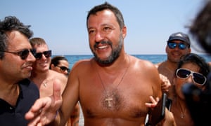 Matteo Salvini meets supporters at the beach in the Sicilian town of Taormina.