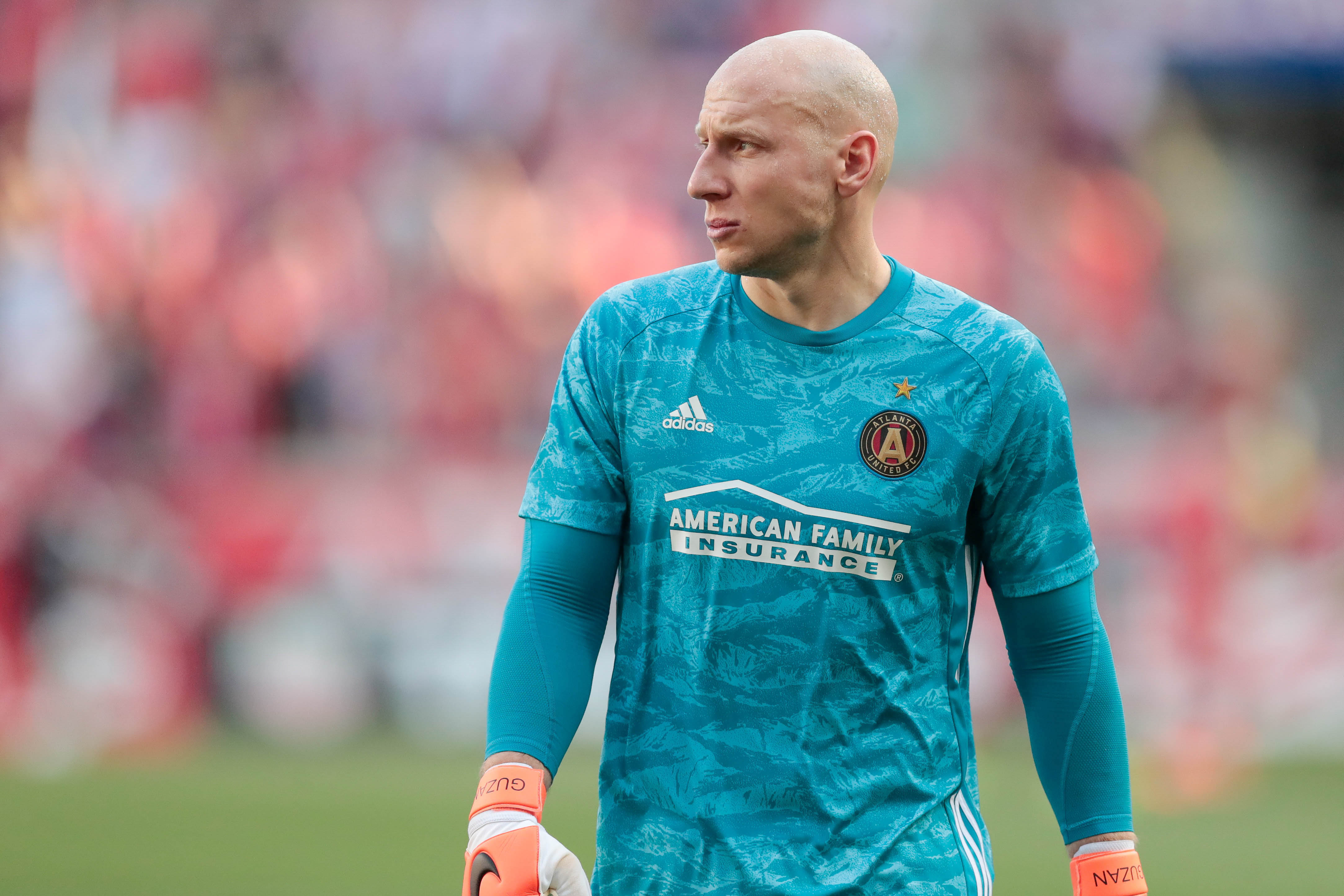 May 19, 2019; Harrison, NJ, USA; Atlanta United goalkeeper Brad Guzan (1) looks up during the first half against the New York Red Bulls at Red Bull Arena. (Vincent Carchietta-USA TODAY Sports)