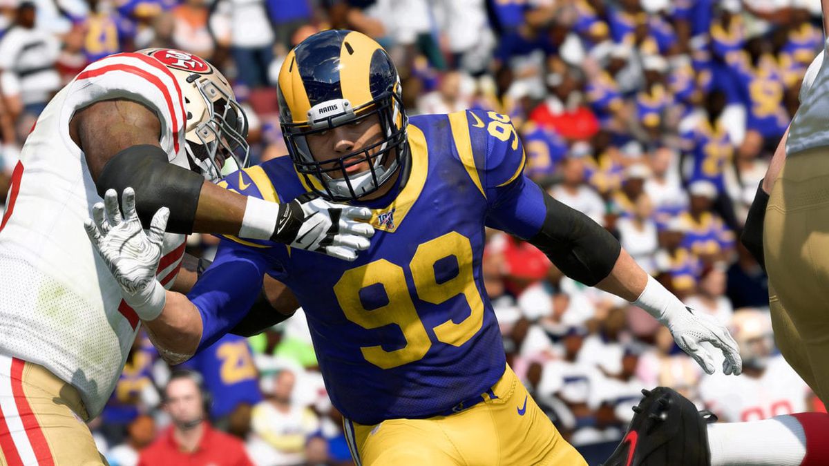 Screenshot of the the L.A. Rams’ Aaron Donald forcing his way through the San Francisco 49ers’ pass protection