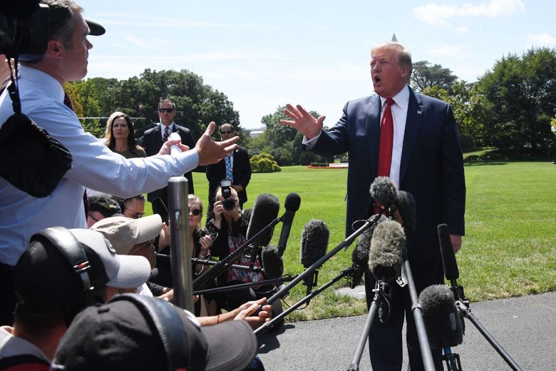 Donald Trump, standing outside the White House, speaks to a crowd of reporters.