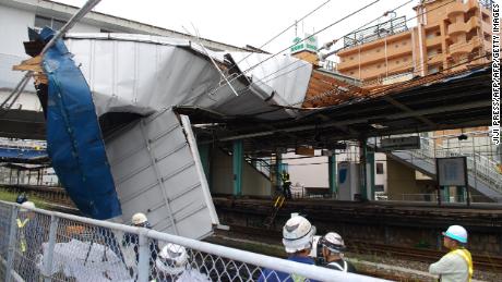 The damaged roof of Higashi Chiba station caused by typhoon Faxai in Chiba on September 9, 2019.