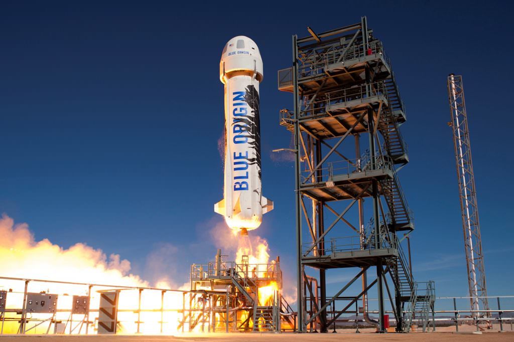 The New Shepard rocket launching from its facility in West Texas. Eventually the terrain relative navigation system will be tested on one of these rockets. Image: Blue Origin