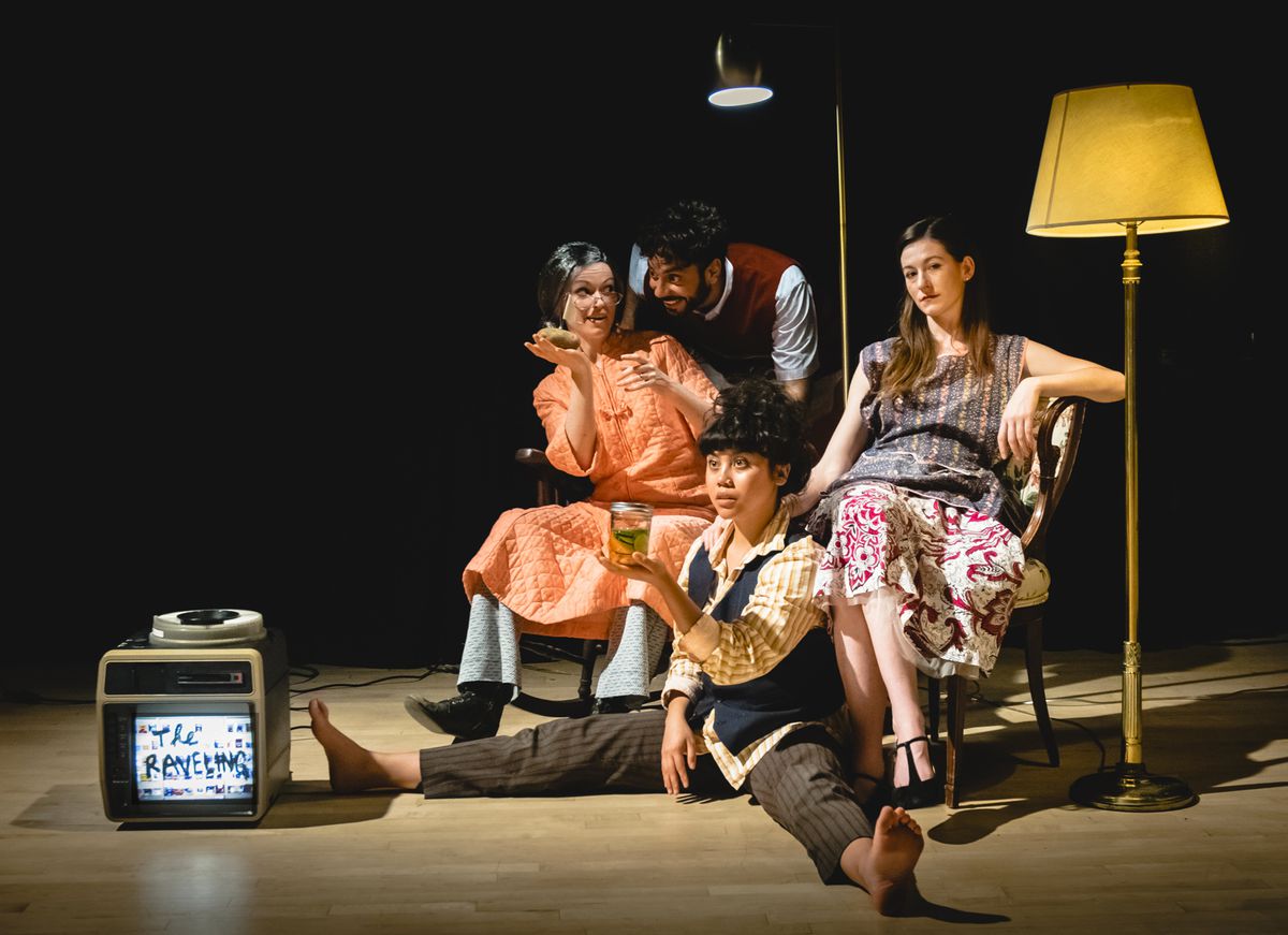Dana Murphy (from left), Anirudh Nair, Anastacia Narrajos and McCambridge Dowd-Whipple in Walkabout Theater Company’s world premiere of “The Raveling.” 