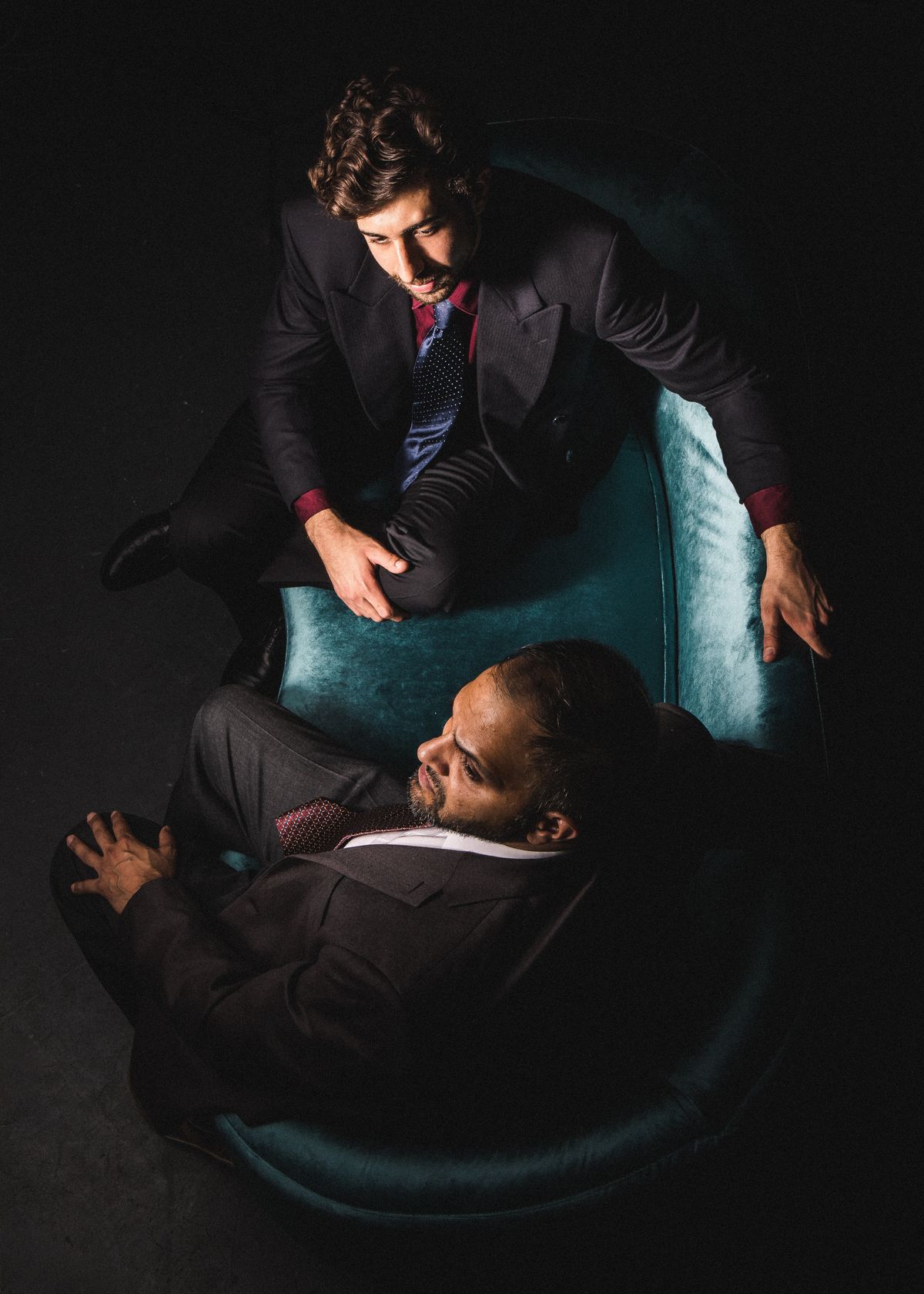 Israeli negotiator Uri Savir (Jed Feder, top) and Palestinian negotiator Ahmed Qurie (Anish Jethmalani), meet in secret to find common ground and bring about the 1993 Oslo Accords in TimeLine Theatre Company’s Chicago premiere production of J.T. Rogers’ T