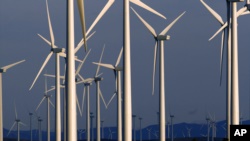 This May 6, 2013 file photo shows a wind turbine farm owned by PacifiCorp near Glenrock, Wyo. (AP Photo/Matt Young)