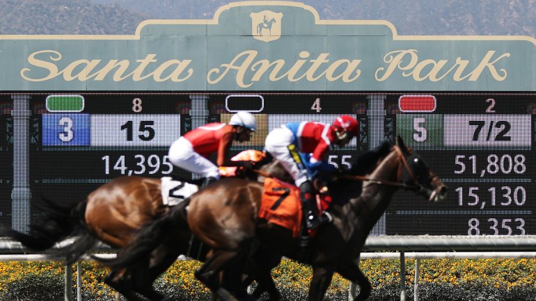 Race horses run on the final day of the winter/spring horse racing season at Santa Anita Park on June 23, 2019 in Arcadia, California. Santa Anita ownership banned a Hall of Fame trainer yesterday following the death of a fourth horse from his stable at the track. It was the 30th race horse to die at the famed racetrack since December 26. (Credit: Mario Tama/Getty Images)