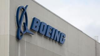 The Boeing logo is pictured at the Boeing Renton Factory in Renton, Washington