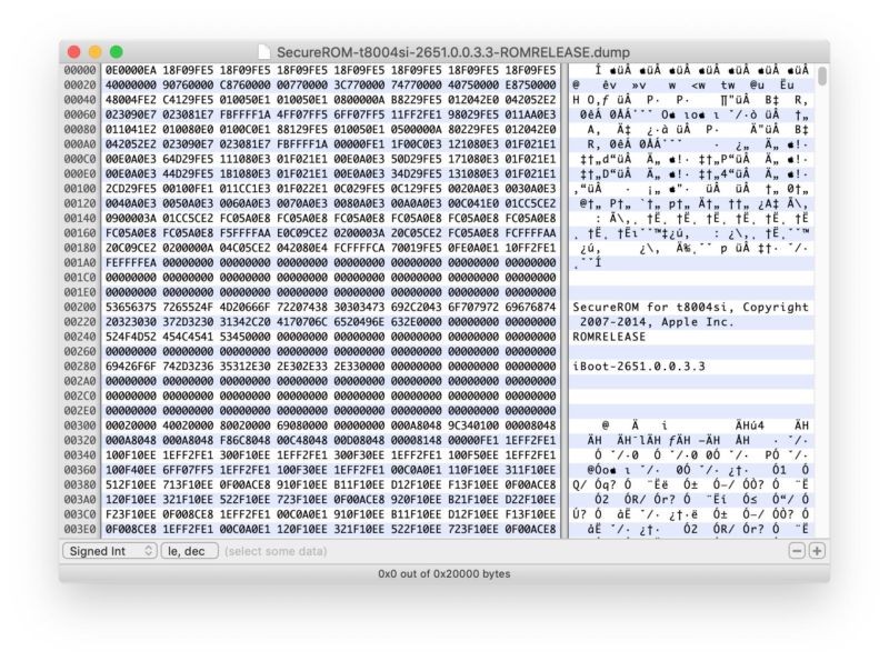 The bootrom of an Apple Watch Series 3, as shown through a hex viewer. Yep, Apple Watches series 1, 2, and 3 are also vulnerable to Checkm8.