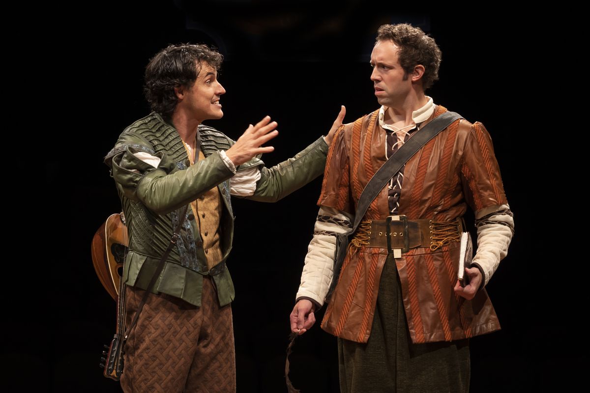 The Bottom brothers Nick (KJ Hippensteel, left) and Nigel (Alex Goodrich) are out to out-write Shakespeare in “Something Rotten” at the Marriott Theatre.