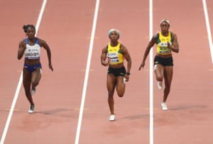 Jamaica’s Shelly-Ann Fraser-Pryce in action with Britain’s Dina Asher-Smith and Jamaica’s Elaine Thompson.